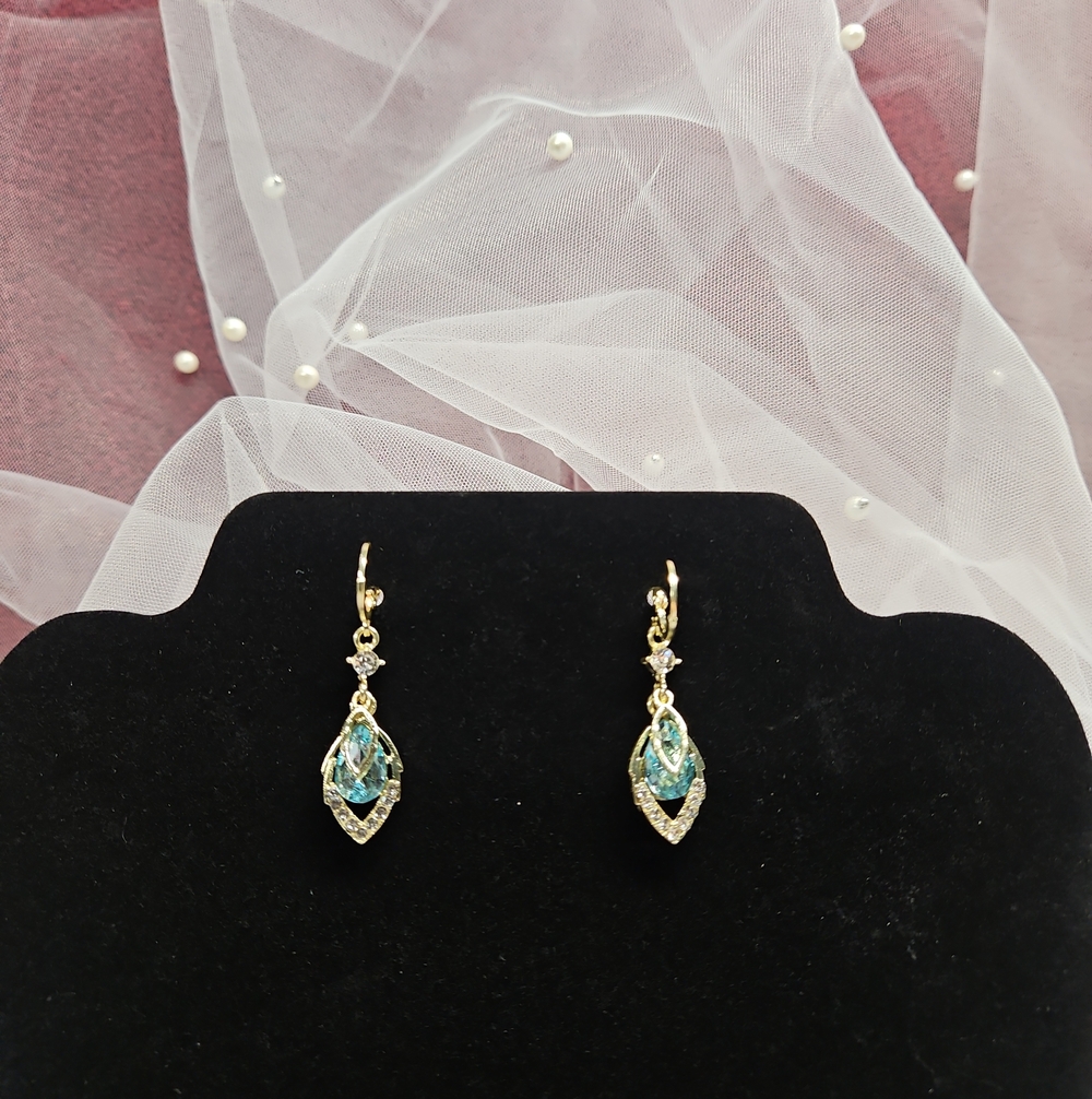 Gold Drop Earrings with Teal Crystal and Clear Accents